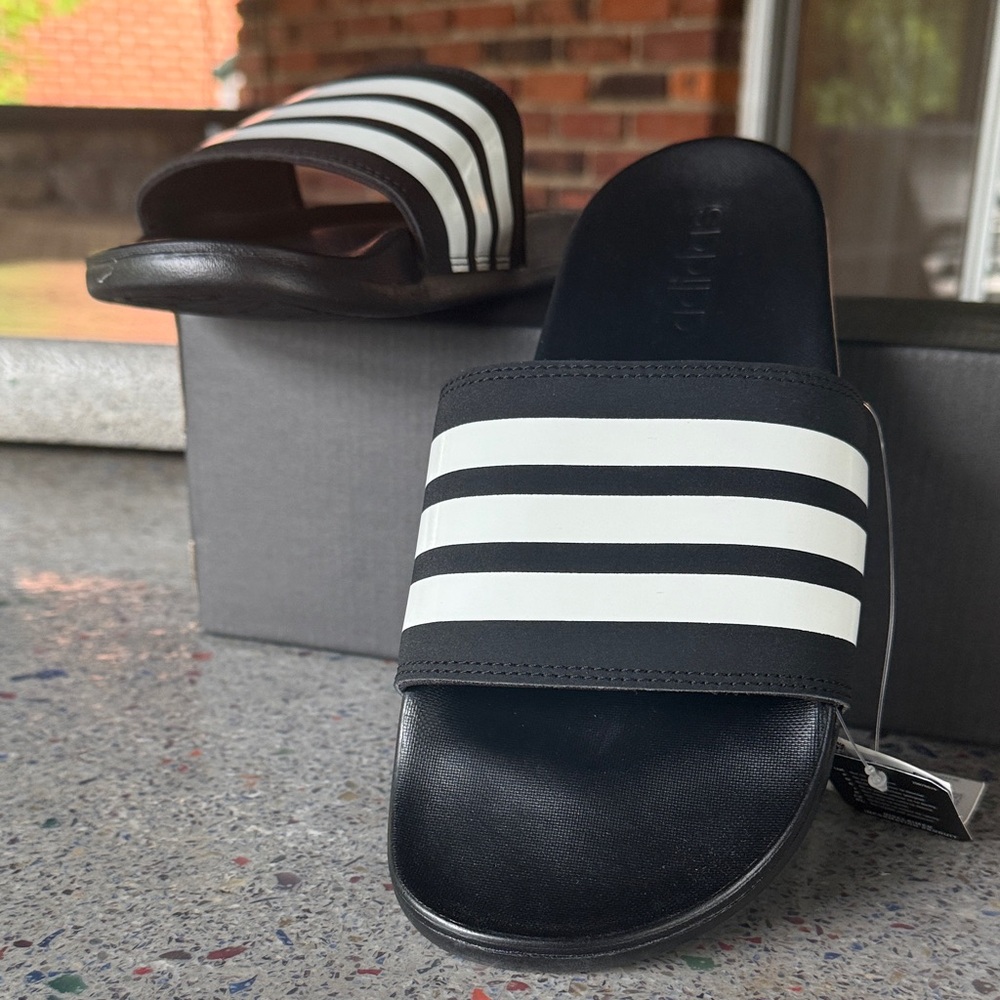 Adidas Black and White Striped Slides- adilette comfort